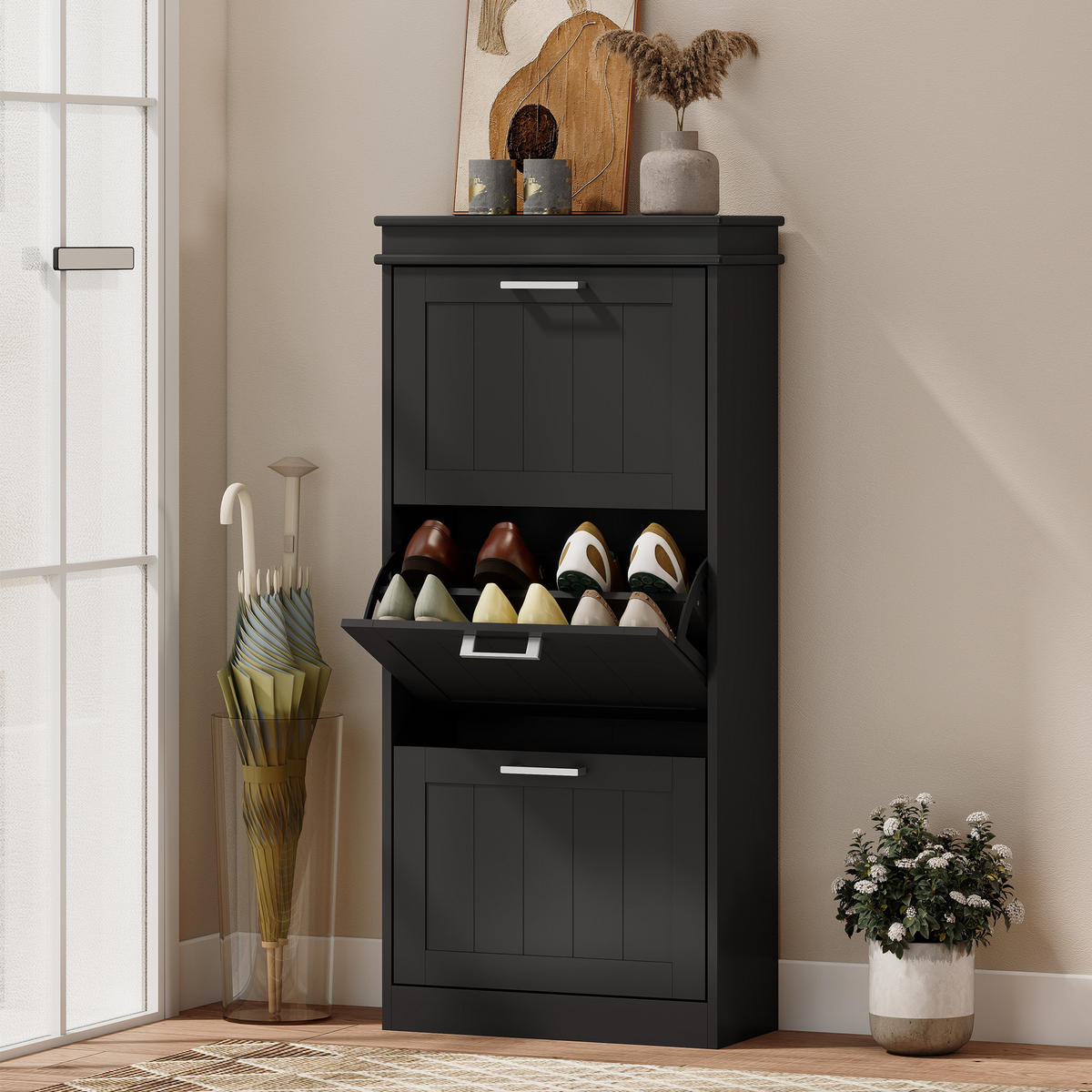 SCHUHSCHRANK Schwarz MDF klappbar mit 3 Fächern 1 Stück - Schwarz, Holzwerkstoff (54/117.5/24cm) - PANGIVO