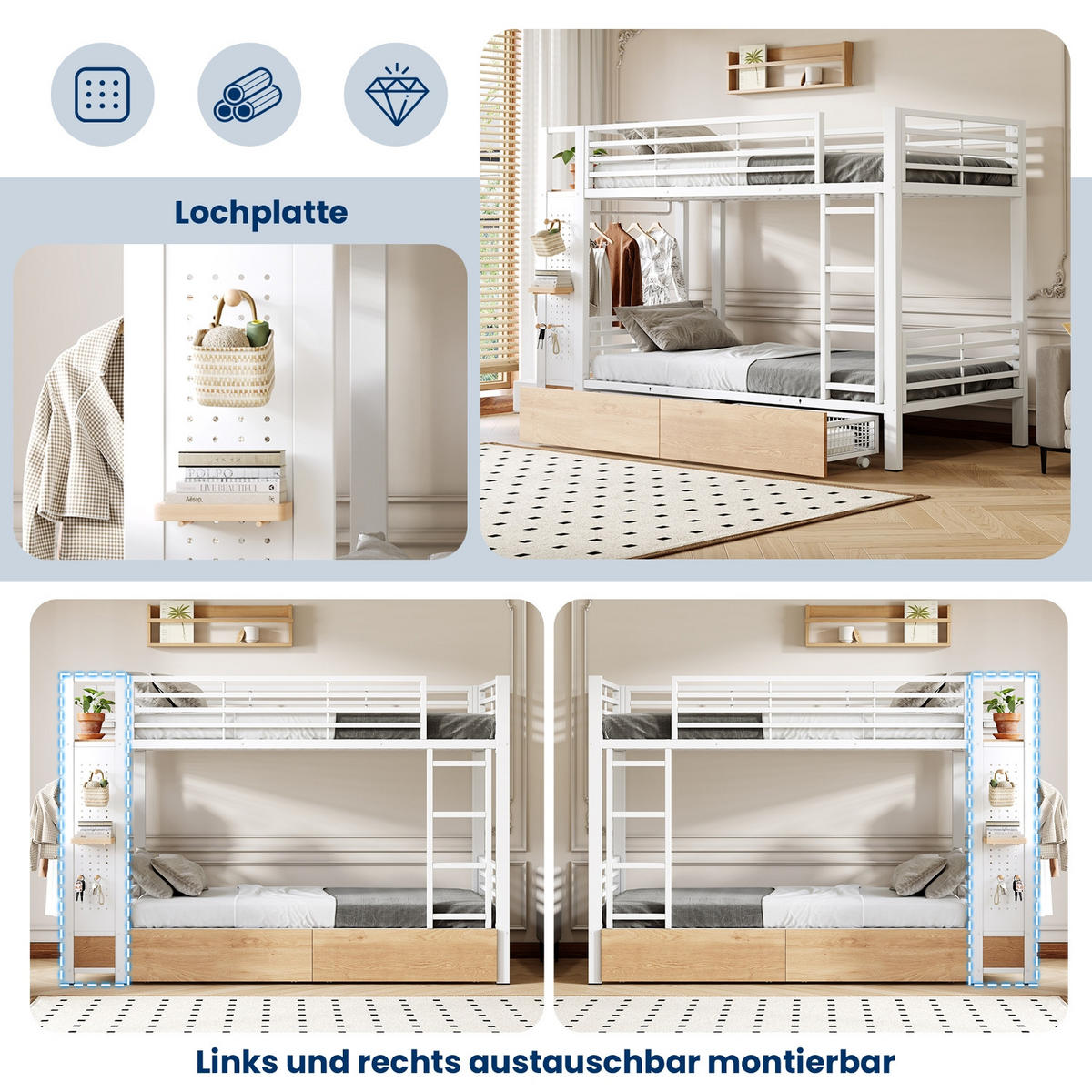 ETAGENBETT 90/200 cm Weiß mit 4 Schubladen, LED-Lichtleiste und Kleiderstange - Weiß, Metall (90/200cm) - Oxeza