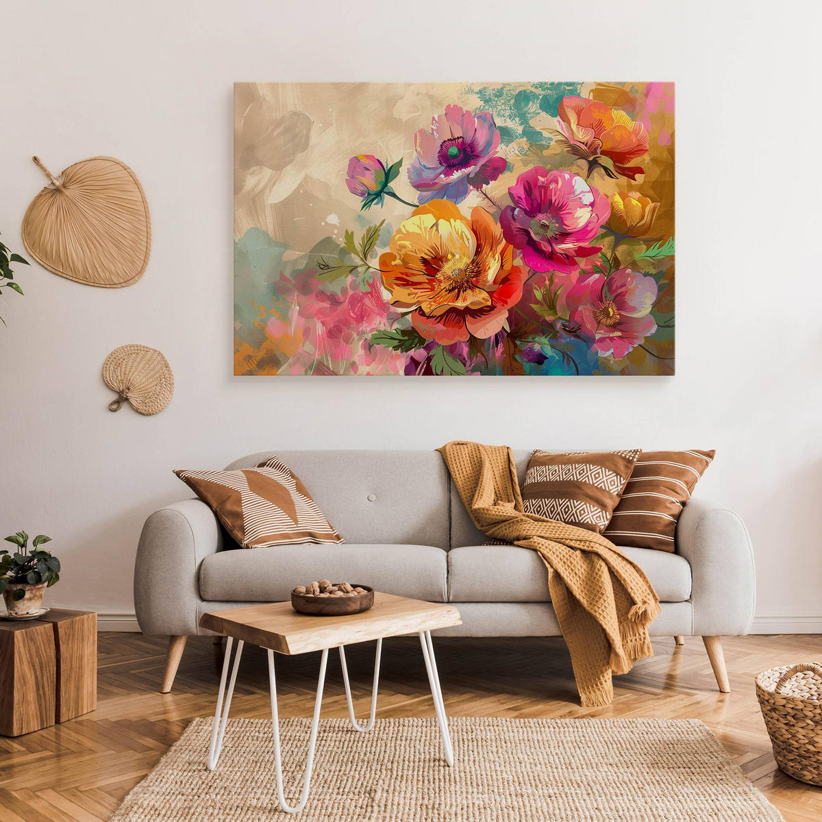 LEINWANDBILD für Wohnzimmer bunte Blumen Blätter Natur 120cm x 80cm - Blau/Beige, Textil (120/80cm) - Muralo