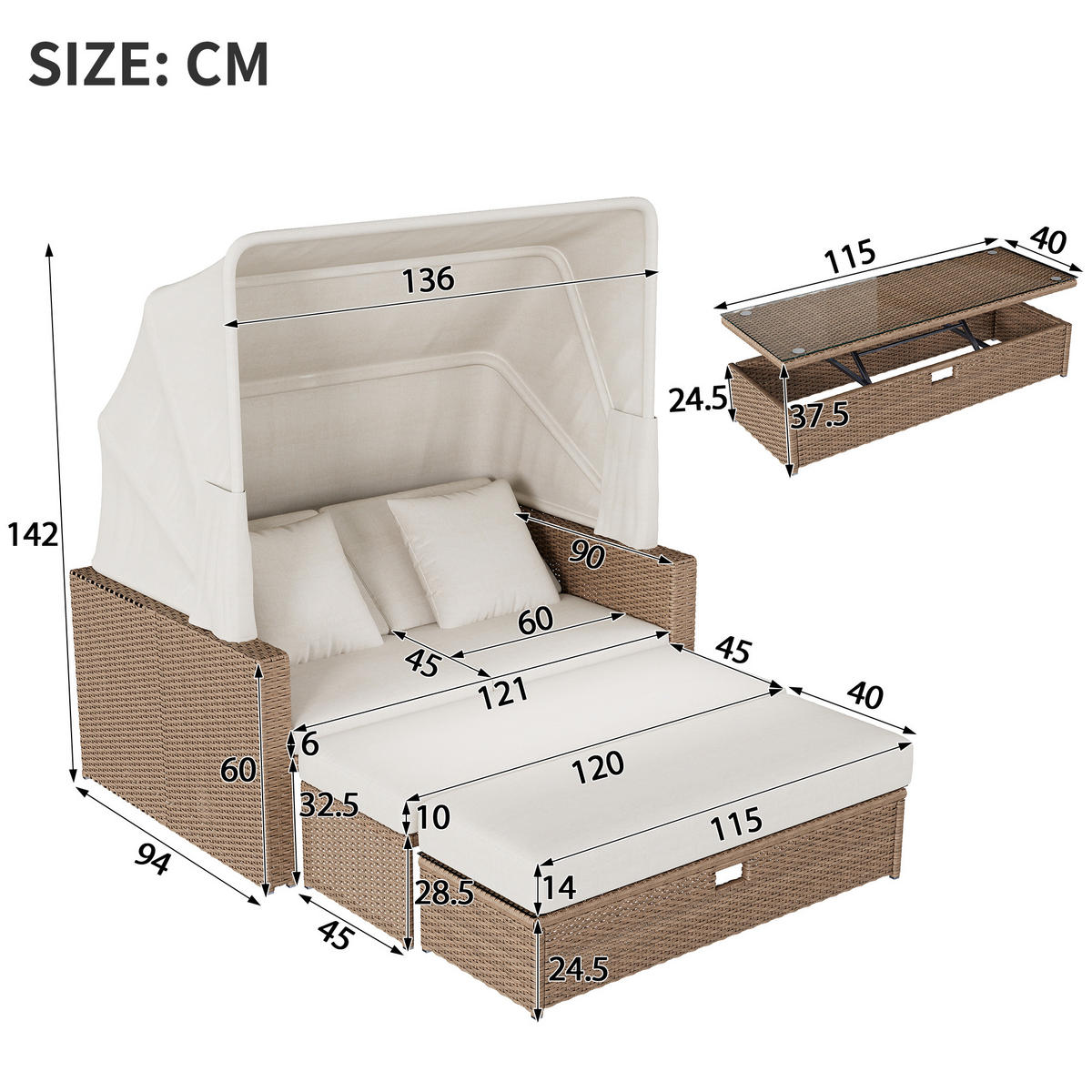 GARTENMÖBEL, 2-4 Personen, Loungesofa, Khaki - Hellbraun, Textil (94/142/136cm) - FLIEKS