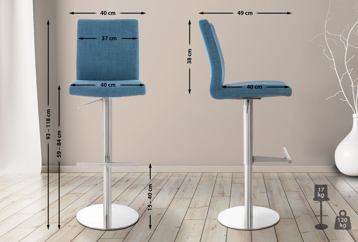 BARHOCKER 2er Set Stoff Blau - Blau/Edelstahlfarben, Textil/Metall (40/93/49cm) - CLP