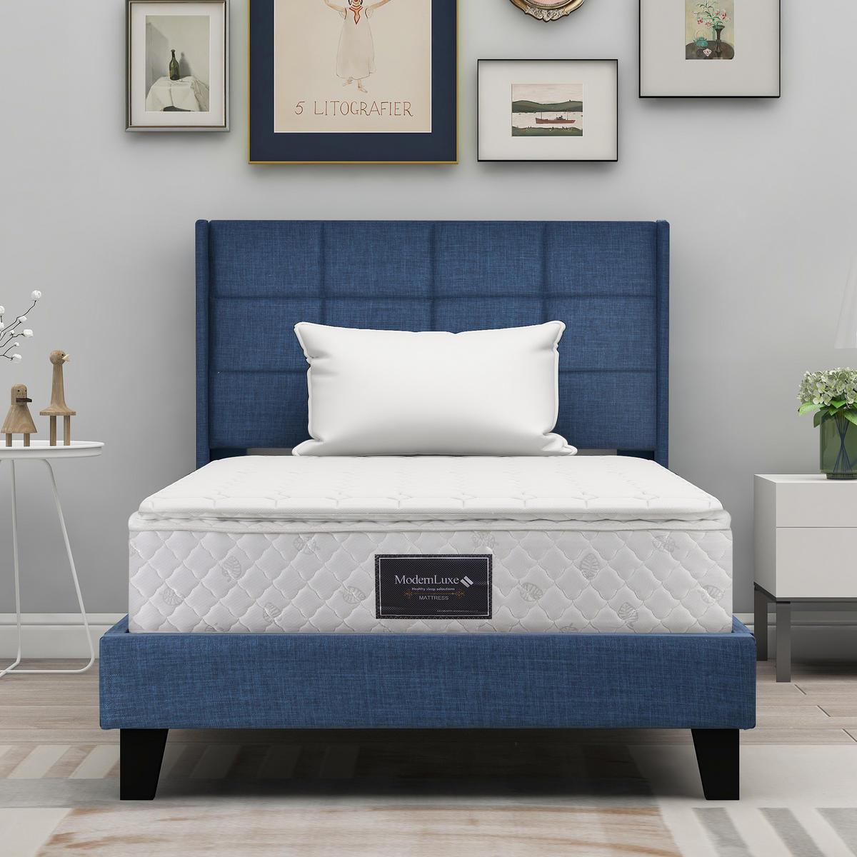 POLSTERBETT aus Leinen 90x200 cm in Blau mit Lattenrost & Federkernmatratze - Blau, Textil (90/200cm) - Modfu