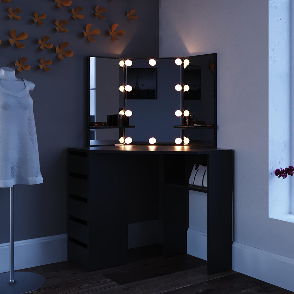 ECKSCHMINKTISCH Arielle Schwarz 110 cm mit LED Beleuchtung - Schwarz, Holzwerkstoff (110/141.5/54cm) - Vicco