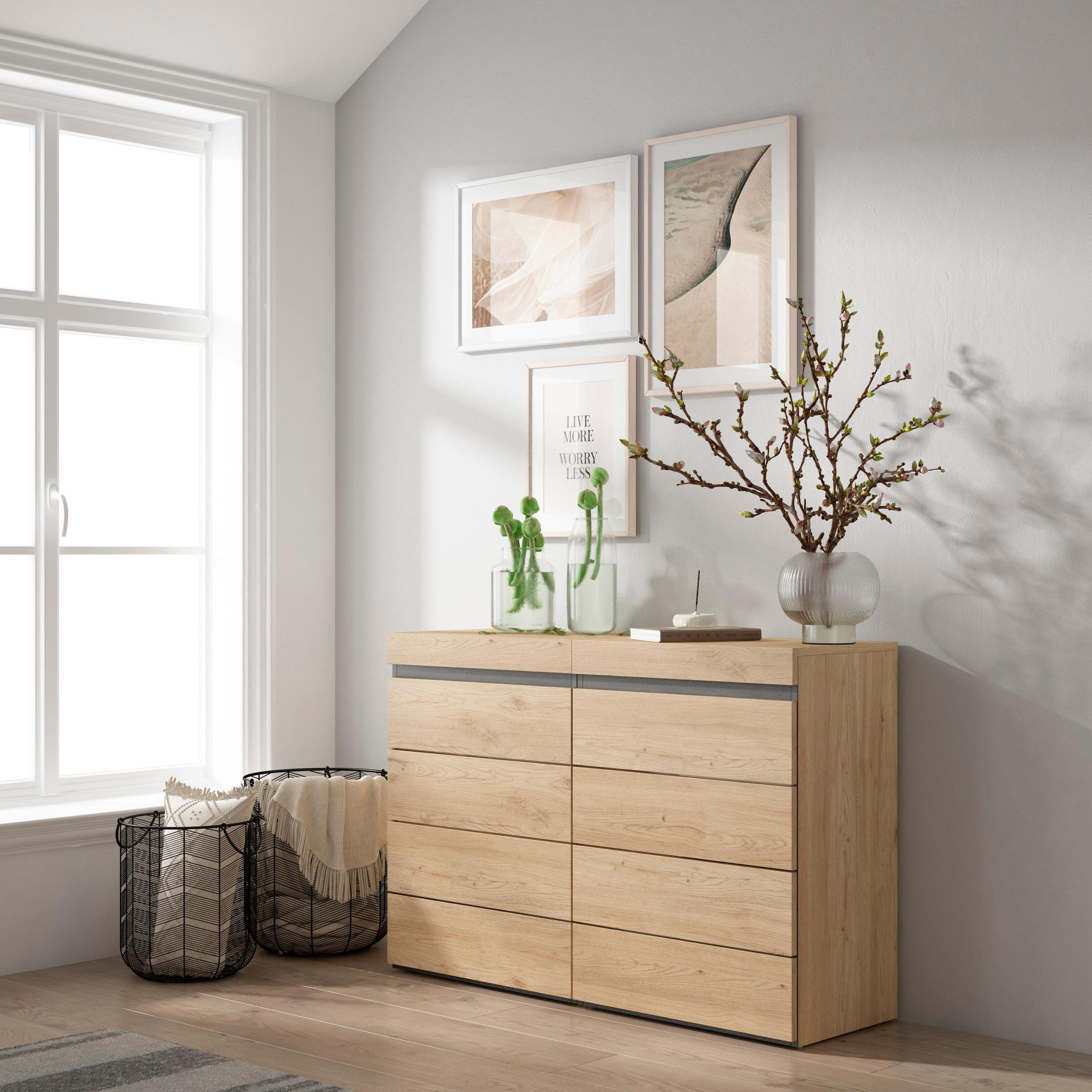 KOMMODE mit Schubladen, Sideboard Schrank, eiche, 114/35/75cm - Eichefarben, Holzwerkstoff (114/75/35cm) - Skraut Home