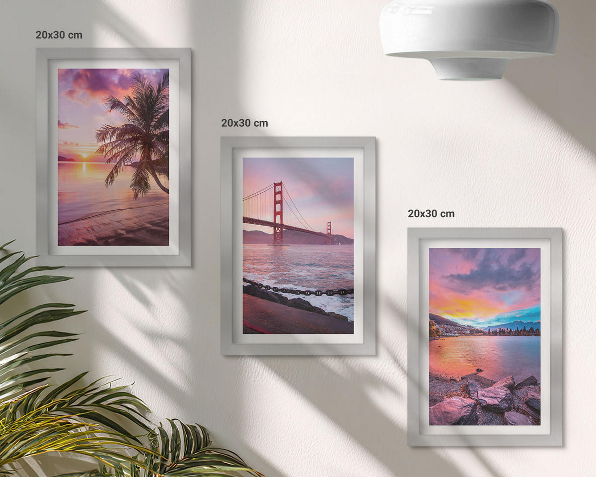 WANDBILDER 3er Set - 20x30 cm Silberner Rahmen - Sonnenuntergangsbrücke Landschaft - Silberfarben, Kunststoff (20/30cm) - ArtPrintCave