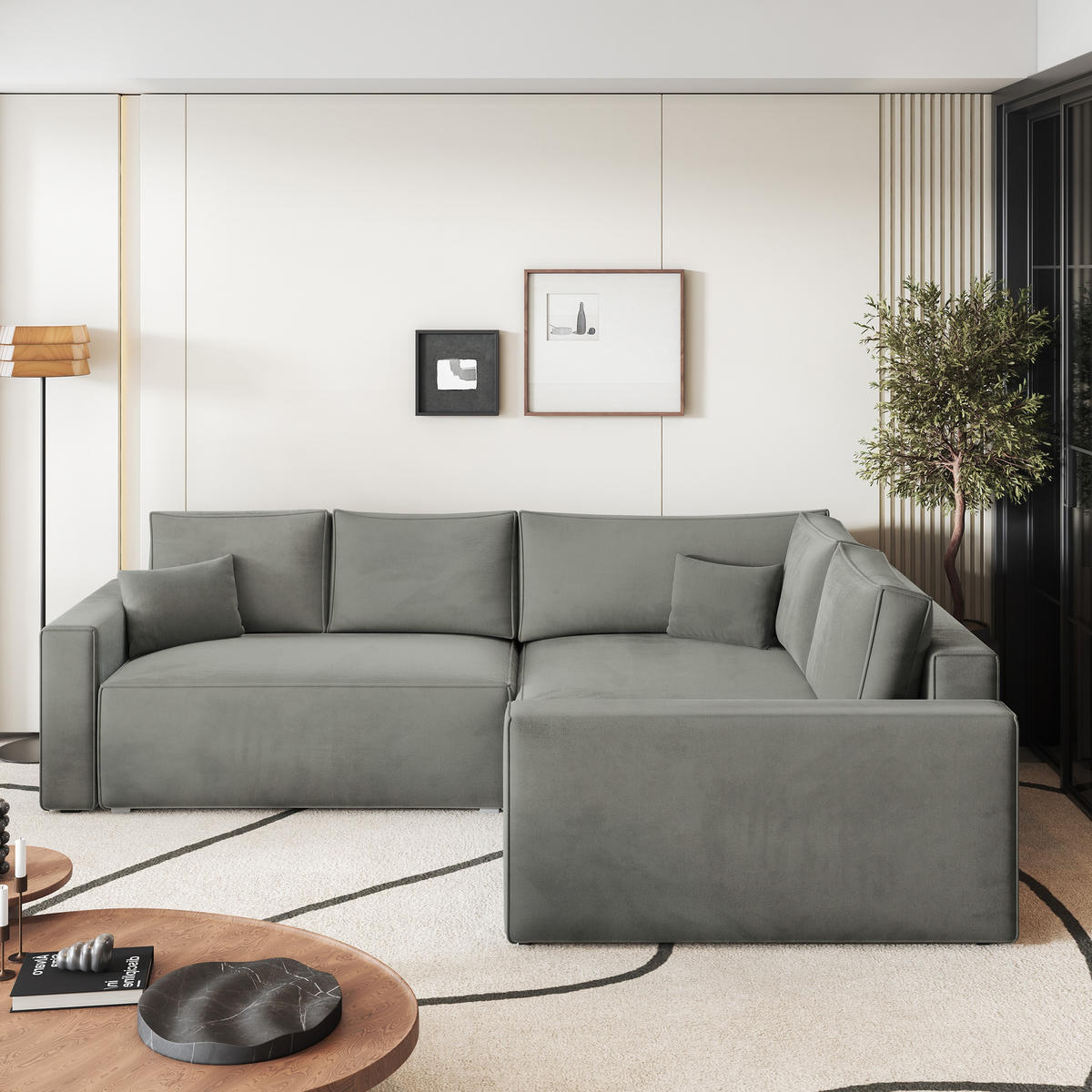 ECKSOFA ERONIS R-S Hellgrau Velours-Stoff mit Schlaffunktion - Hellgrau, Holz (265/194cm) - MASSENO