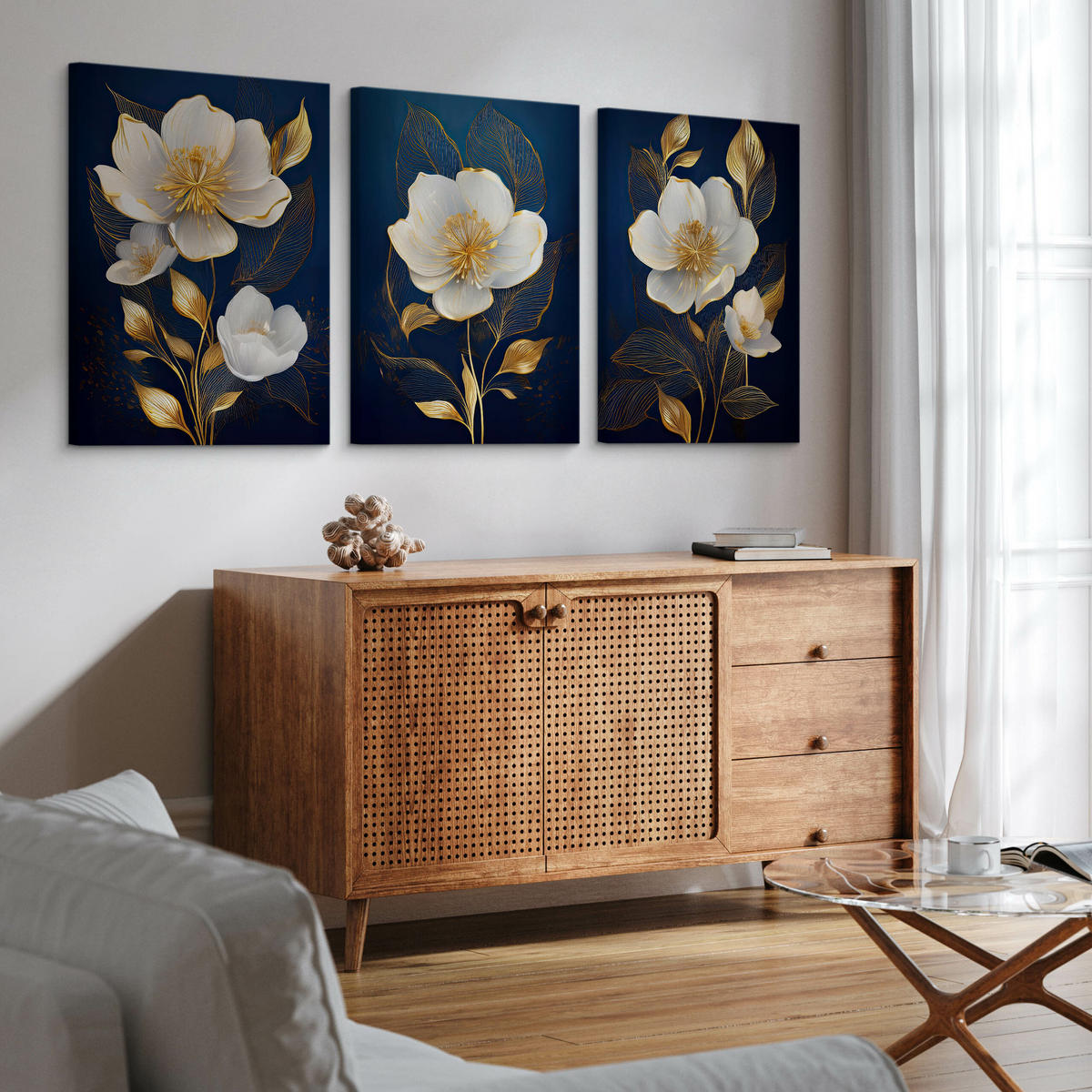 LEINWANDBILDER 3-es Set Glamour Blumen - Blau/Beige, Textil (90/40cm) - Muralo