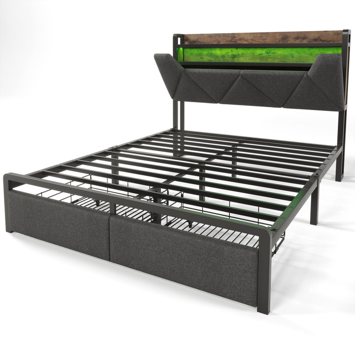 POLSTERBETT 140/200 cm mit LED-Kopfteil, Stauraum, USB/Typ-C & 2 Schubladen, grau - Grau, Textil (140/200cm) - Redom