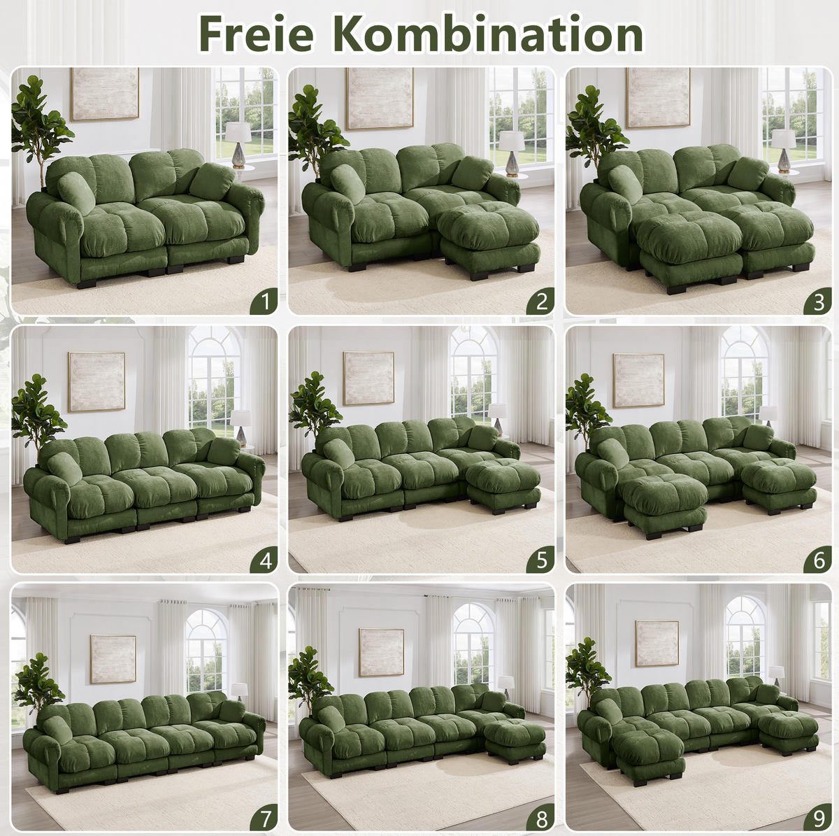 SOFA 190/149/90 cm in Grün aus Chenille mit Steppnaht und Ottomane - Grün, Textil (149/90/190cm) - Flora Grace
