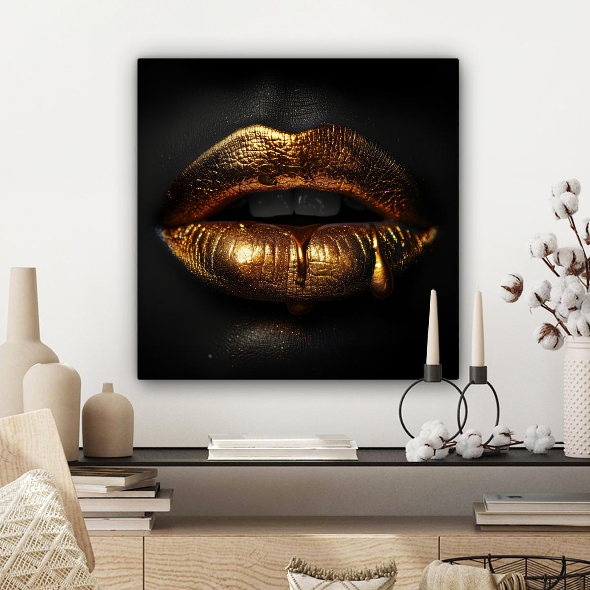 LEINWANDBILD Frau - Porträt - Lippen - Gold - Schwarz 50x50 cm - Schwarz, Textil (50/50cm) - MuchoWow