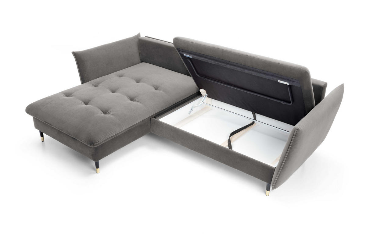 ECKSOFA GLAM mit Schlaffunktion, Ottomane & goldenen Füßen – Samtsofa im Glamour-Stil mit Zierkissen, 258x167x91cm, Linke, GRAU - Grau, Holz/Textil (167/258cm) - DomoHome