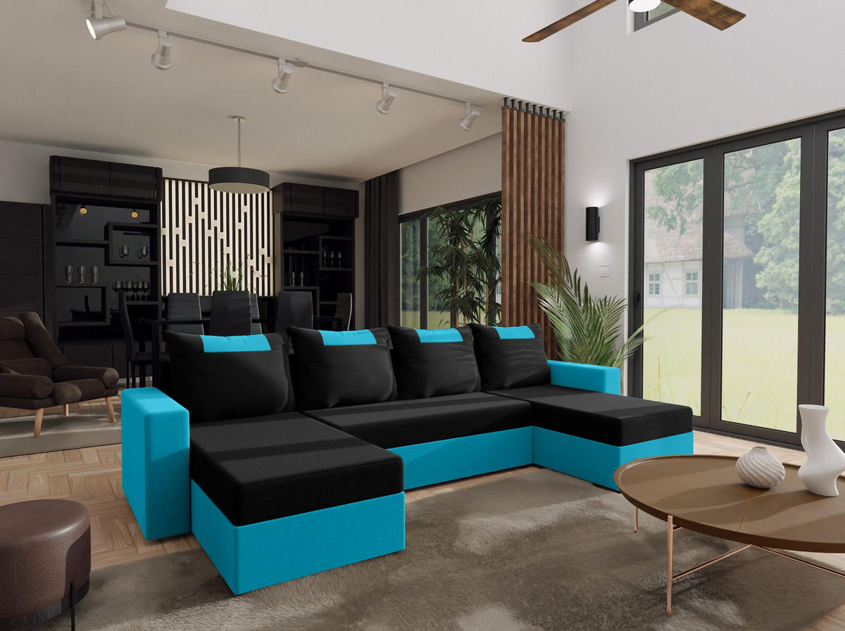 WOHNLANDSCHAFT mit Schlaffunktion Radlach, Schwarz+Hellblau - Hellblau, Textil (298/85/207cm) - Fedve