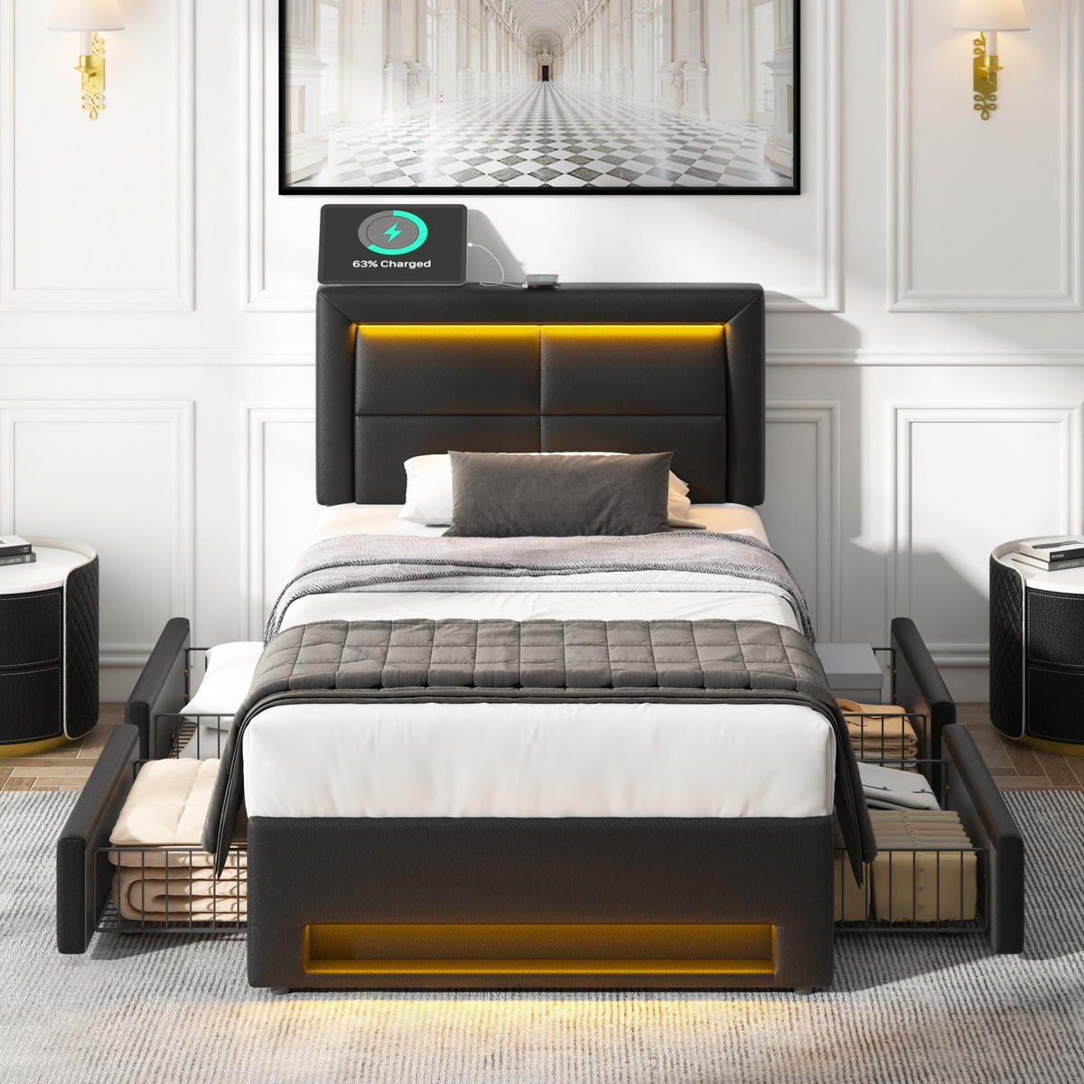 POLSTERBETT 90/190 cm mit USB-Ladefunktion, LED-Beleuchtung, 4 Schubladen und PU-Bezug, Schwarz - Schwarz, Kunststoff (90/190cm) - Redom