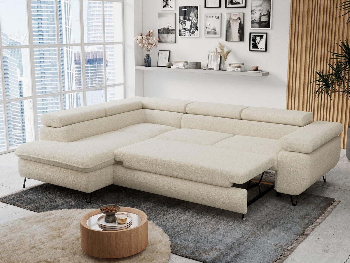 ECKSOFA PETER L Beige Boucle - Links Seite - Beige/Schwarz, Textil/Metall (208/273cm) - MKS