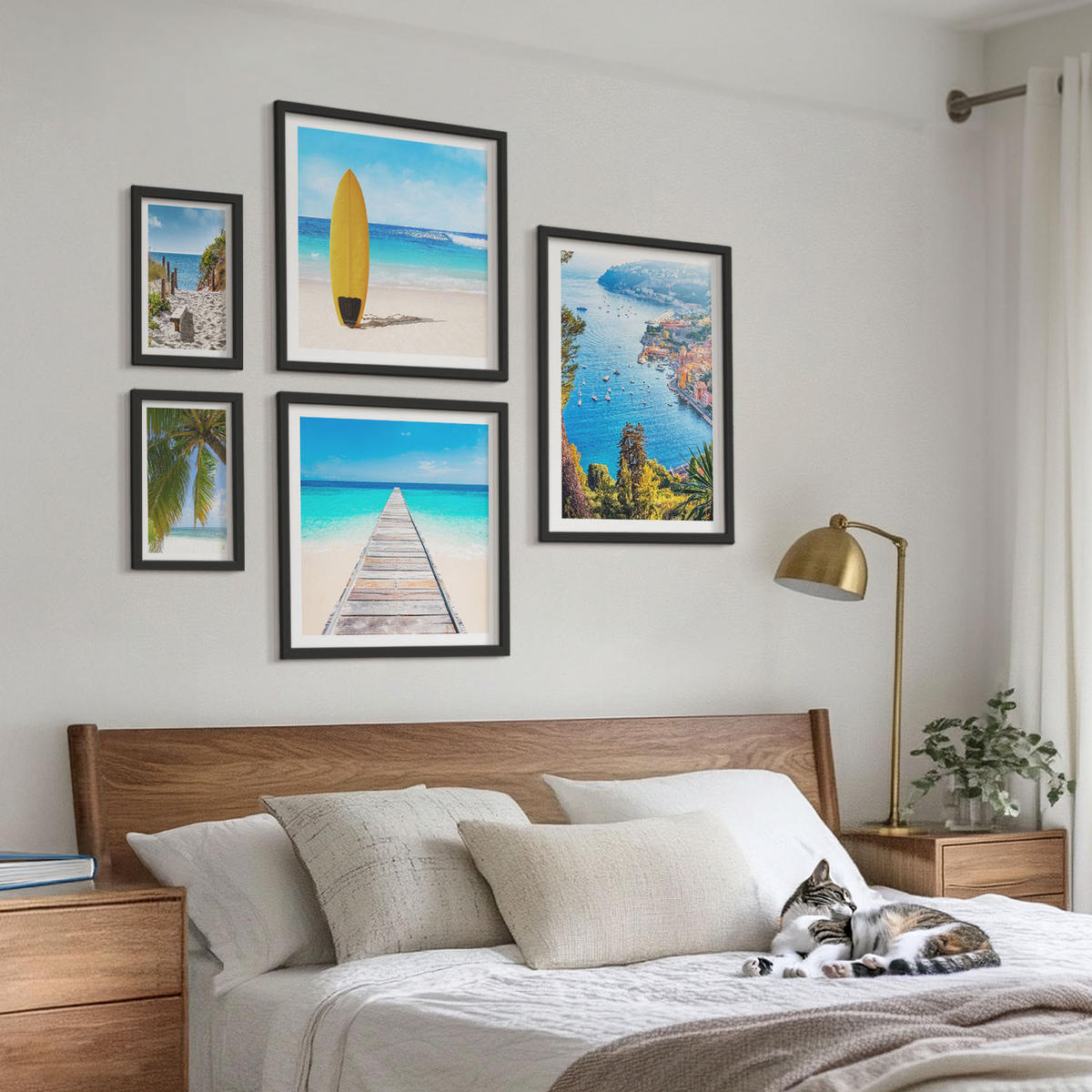 BILDER SET 5er Set - 50x50 cm & 20x30 cm & 40x60 cm Schwarzer Rahmen - Urlaubsblick Strand Palmen - Schwarz, Kunststoff (40/60cm) - TULUP