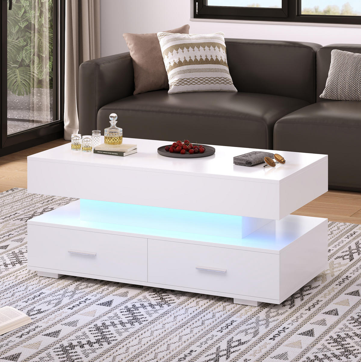 COUCHTISCH 100/50/44 cm Weiß mit LED-Beleuchtung und hydraulischer Höhenverstellung - Weiß, Holzwerkstoff (100/50/44cm) - Flora Grace