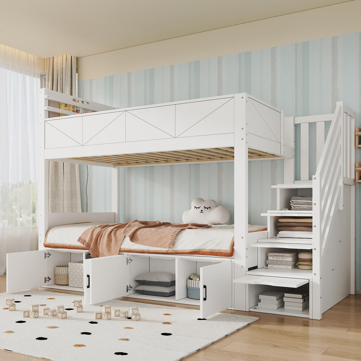 ETAGENBETT 90/200 cm in Weiß mit Stauraumtreppe, Schrankfächern, Ablage und Paneel-Design aus Massivholz und MDF - Weiß, Holzwerkstoff (90/200cm) - STILVORA