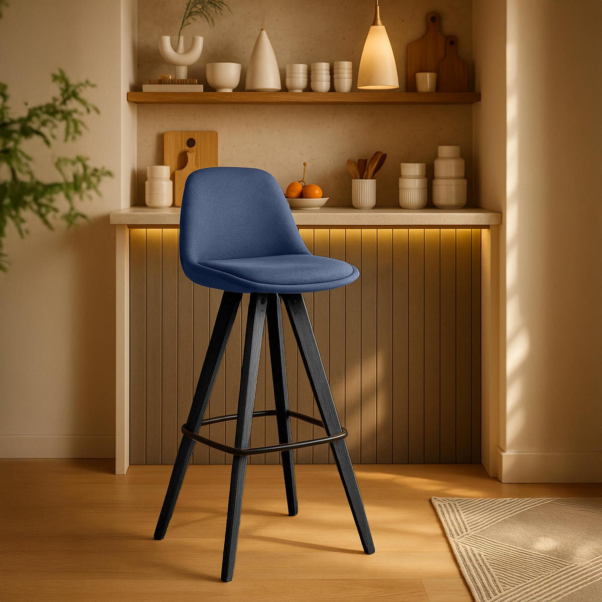 BARHOCKER 2er Set Stoff Blau - Blau/Schwarz, Holz/Textil (38/99/44cm) - CLP