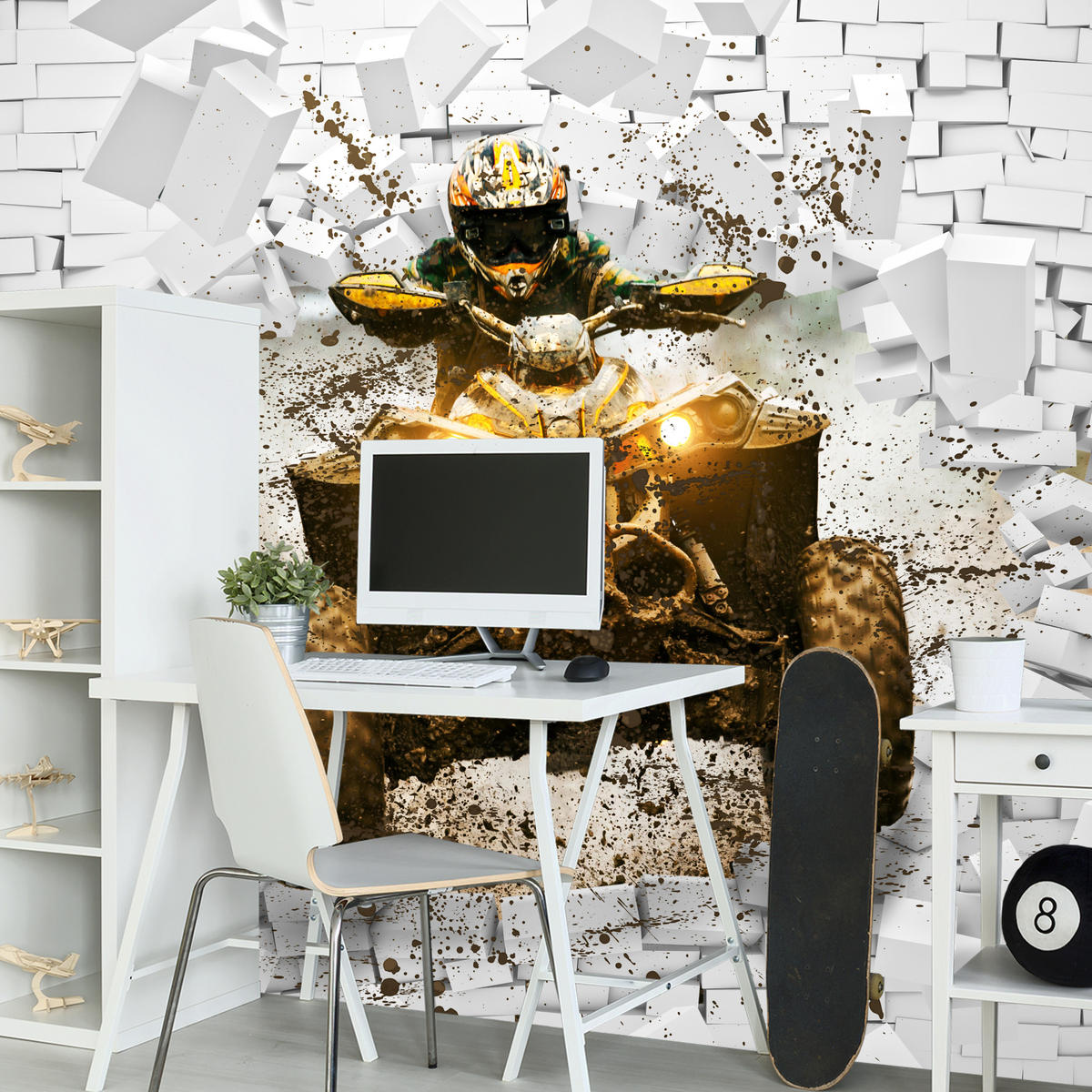 FOTOTAPETE für Büro Schlammbedecktes Quad Durchbricht Backsteinmauer 150x105 - Gelb/Beige, Papier (150/105cm) - Muralo