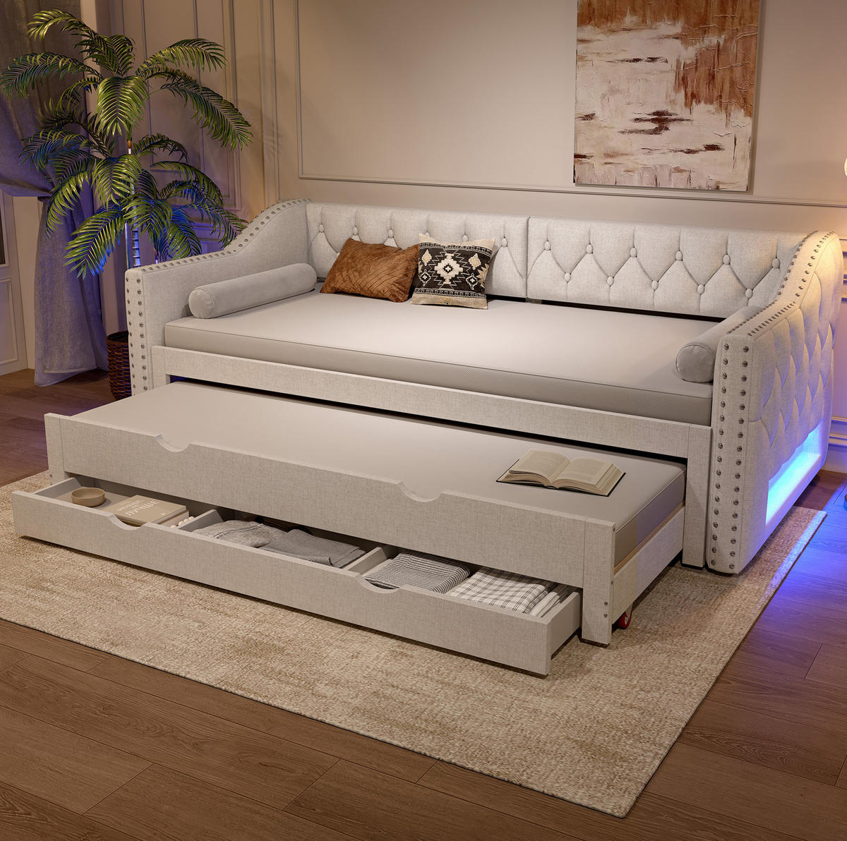 POLSTERBETT 90/200 cm mit LED-Beleuchtung, Ausziehbett und 3 Schubladen, Beige - Beige, Textil (90/200cm) - Redom