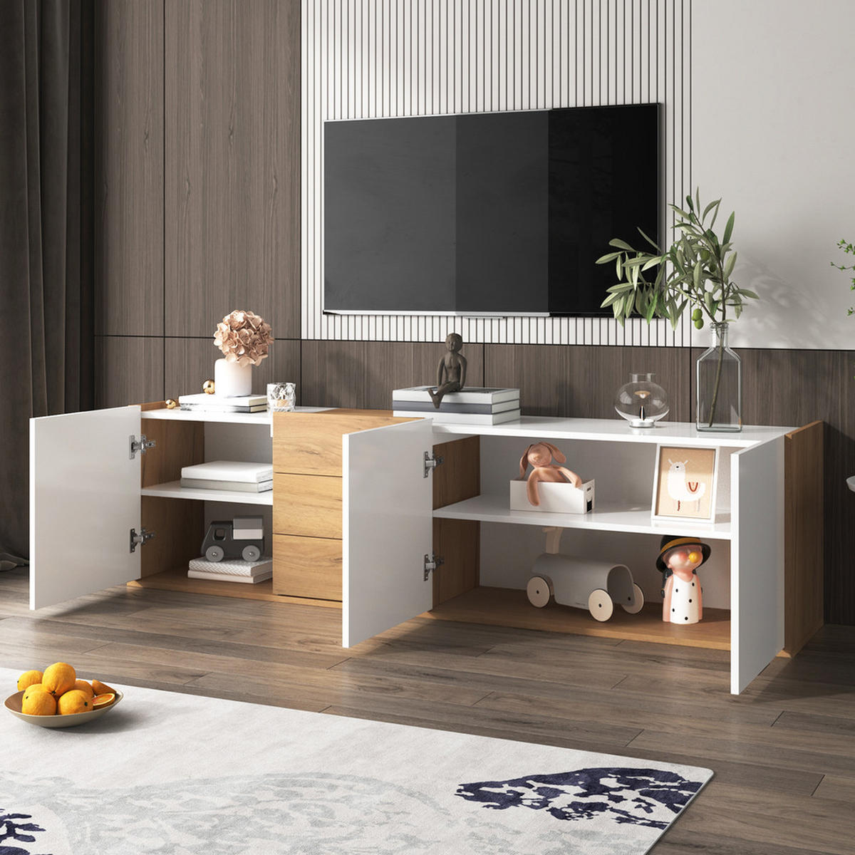 TV-SCHRANK Lowboard Weiß & Holzfarbe wandmontierbar oder bodenstehend - Weiß, Holz (57/20/60cm) - FLIEKS