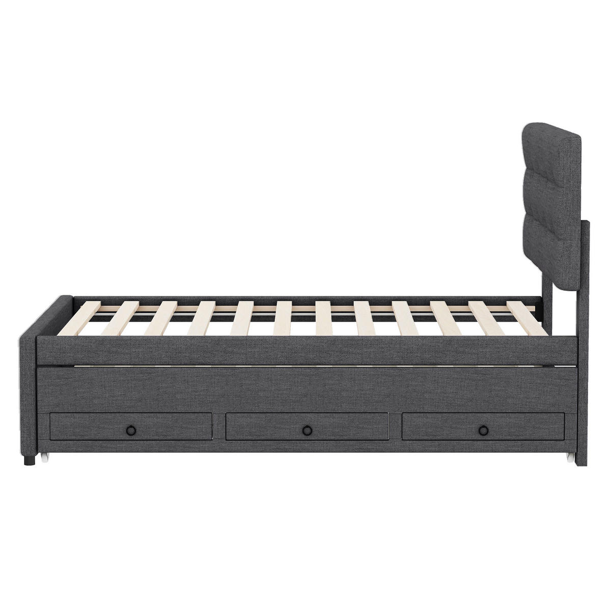 POLSTERBETT 90/200 cm grau mit ausziehbarem Rollbett und höhenverstellbarem Kopfteil - Grau, Textil (90/200cm) - OKWISH