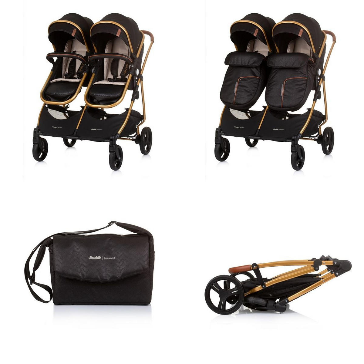 GESCHWISTERKINDERWAGEN Duo Smart schwarz klappbar, umbaubar, verstellbar, Fußsack - Schwarz, Metall (80/75/104cm) - Chipolino