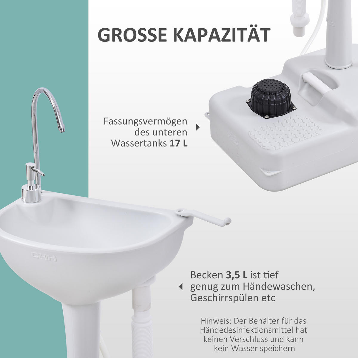 WASCHBECKEN, HDPE, Grau, 51L x 33,5B x 103H cm - Hellgrau, Kunststoff (33.5/103/51cm) - Outsunny