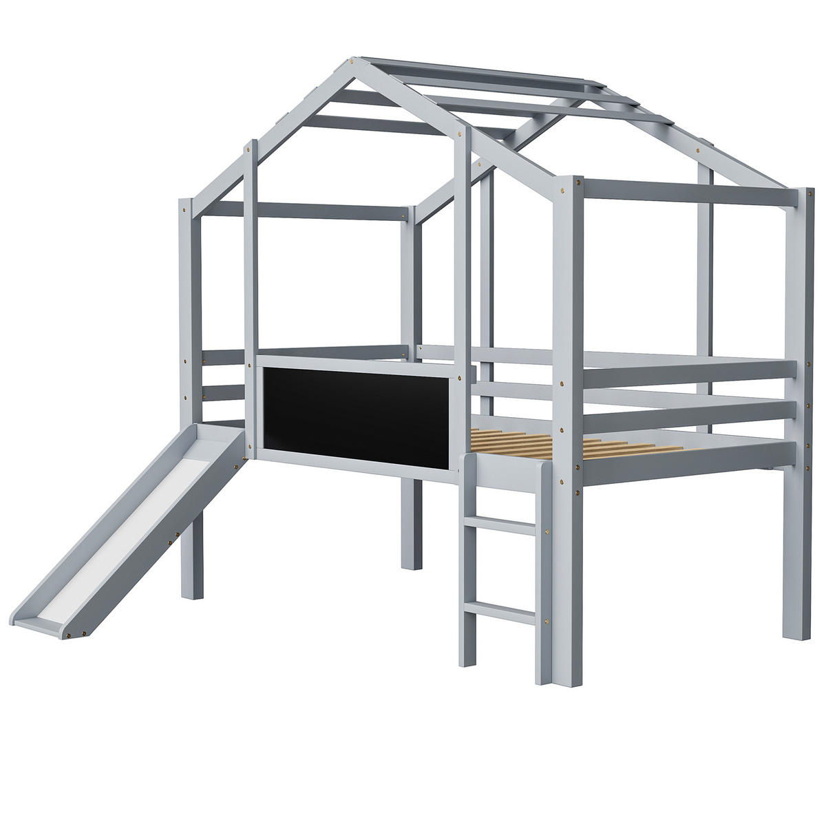 KINDERBETT 90/200 cm Dachboden-Design mit Rutsche und Tafel aus Massivholz Grau - Grau, Holz (90/200cm) - OKWISH