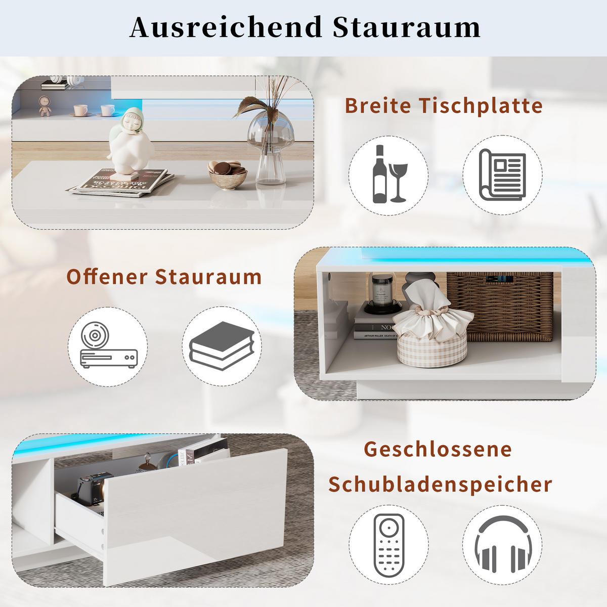 TV-SCHRANK-SET, Hochglanz, Couchtisch, Weiß - Weiß, Holzwerkstoff (50/40.3/100cm) - FLIEKS
