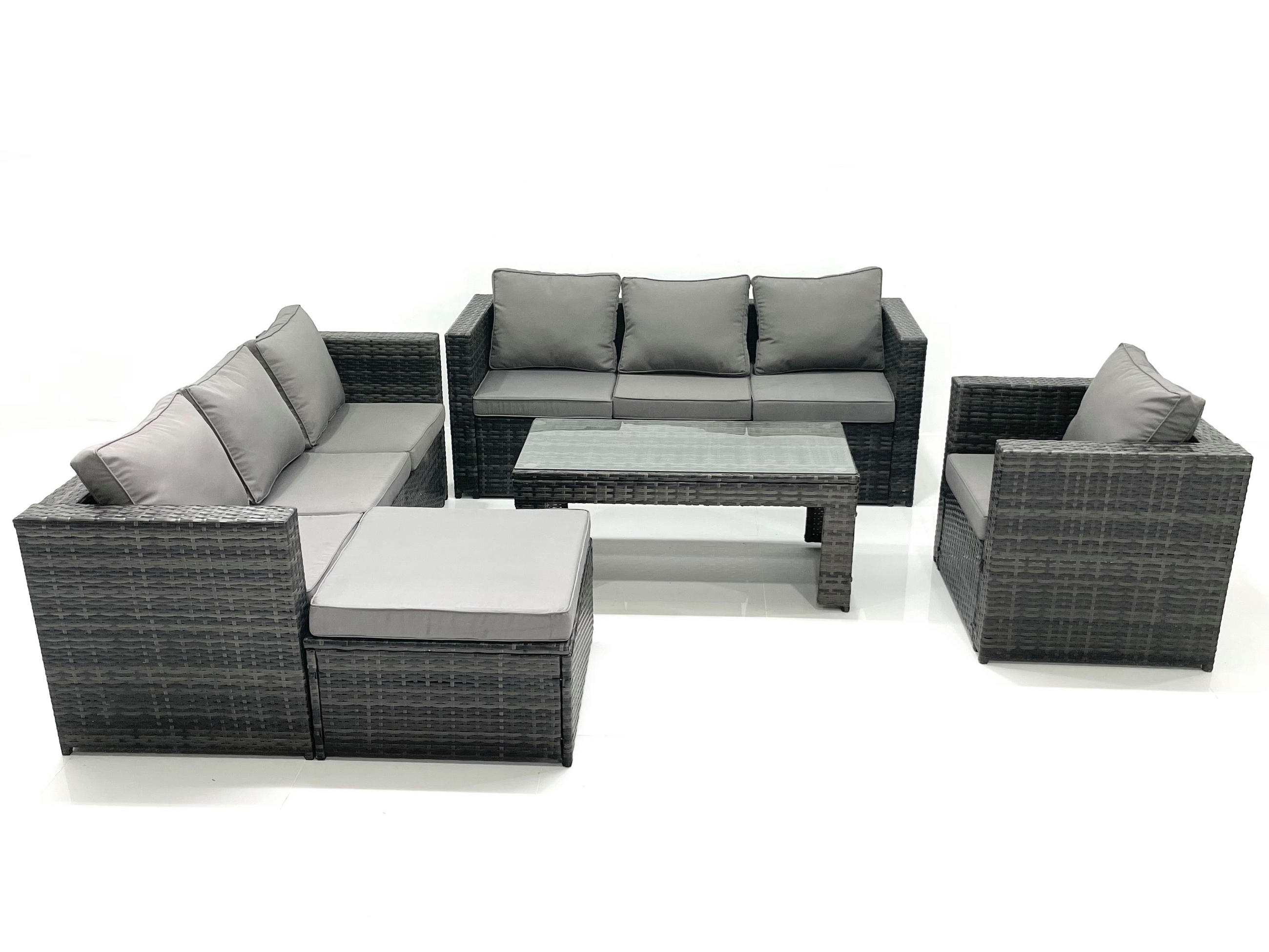 GARTENMÖBEL-SET COUCHTISCH SESSEL SOFA mit HOCKER Polyrattan Dunkelgrau Gemischt 8-Sitzer - Dunkelgrau/Grau, Glas/Kunststoff - Fimous