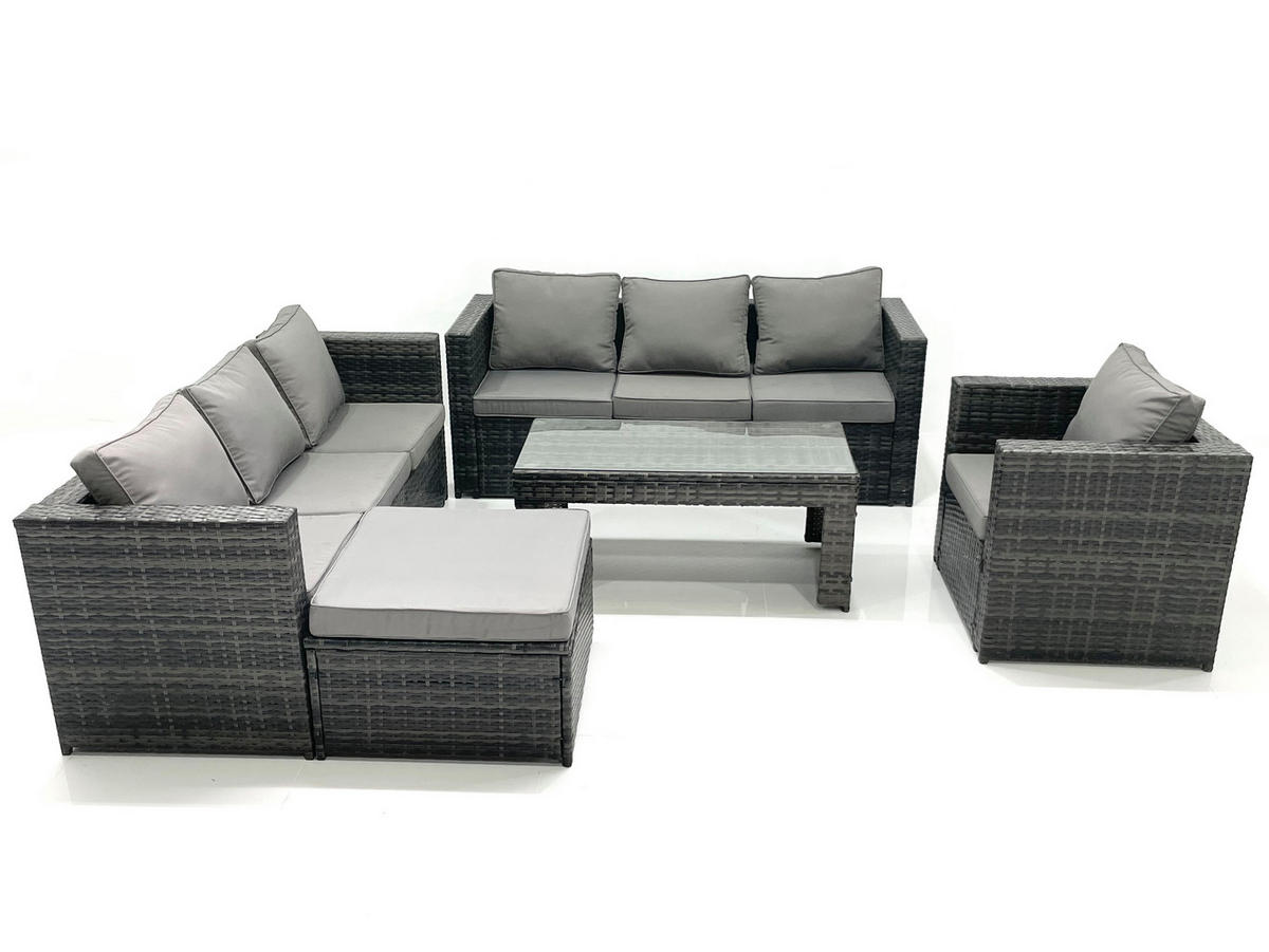 GARTENMÖBEL-SET COUCHTISCH SESSEL SOFA mit HOCKER Polyrattan Dunkelgrau Gemischt 8-Sitzer - Dunkelgrau/Grau, Glas/Kunststoff - Fimous