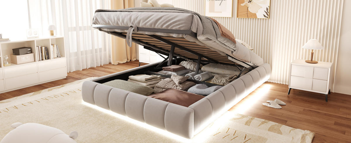 POLSTERBETT 140/200 cm Beige aus Samtstoff mit Bettkasten und LED-Lichtleiste - Beige, Textil (140/200cm) - OKMYHOME