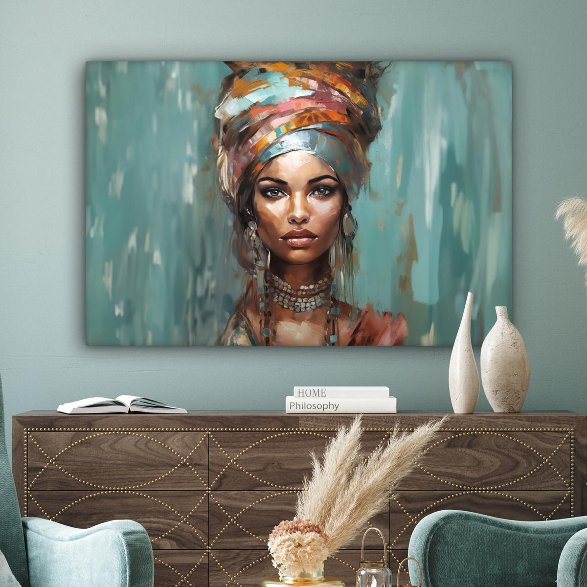 LEINWANDBILD Frau - Kunst - Schmuck - Porträt Groß 140x90 cm - Blaugrau, Textil (140/90cm) - MuchoWow