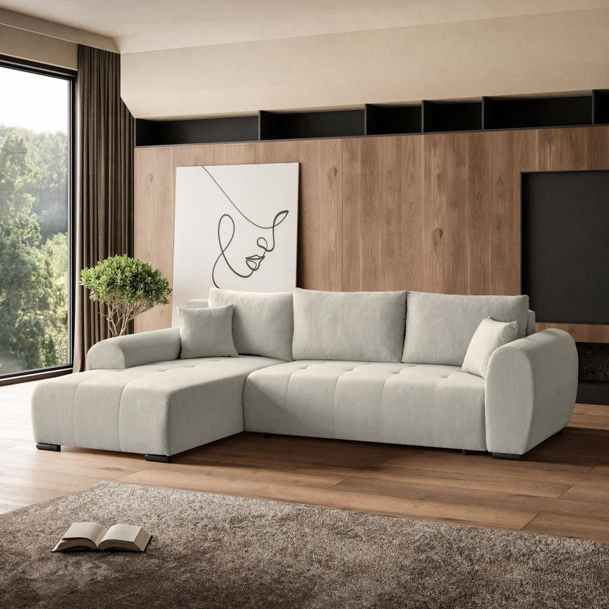 ECKSCHLAFSOFA Diana mt Bettkasten beige links - Beige/Schwarz, Textil (255/175cm) - Beautysofa