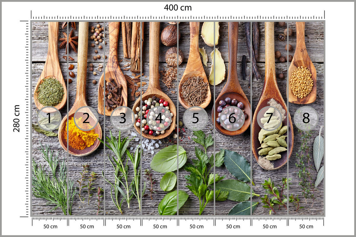 FOTOTAPETE Kräuter und Gewürze auf einem Brett 400x280 - Gelb/Beige, Papier (400/280cm) - Muralo