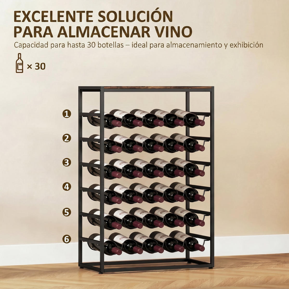 WEINREGAL, 6-stöckig, 30 Flaschen, Arbeitsplatte, Holzoptik, Rustikal-Braun, 59x30x88,5cm - Multicolor, Metall (59/88.5/30cm) - FORIOUS