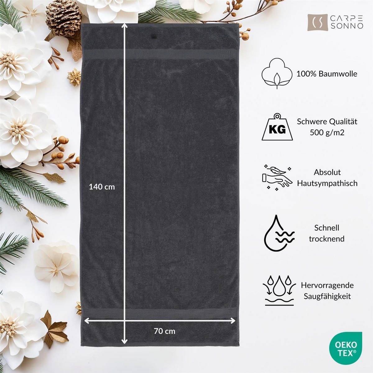 DUSCHTUCH 70x140 cm Frottier Handtücher im 2er Set aus 100% Baumwolle, Schwarz 500g/m2 - Schwarz, Textil (70/140cm) - Carpe Sonno