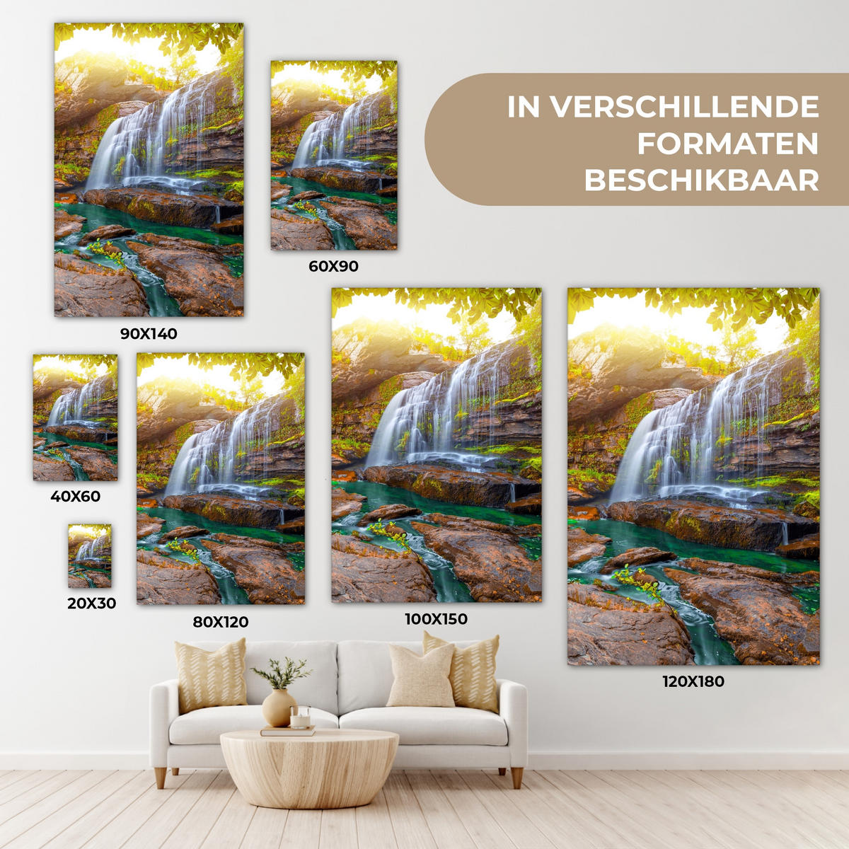 LEINWANDBILD Natur - Wasserfall - Pflanzen - Bäume - Sonne Wanddeko Schlafzimmer 60x90 cm - Olivgrün, Textil (60/90cm) - MuchoWow