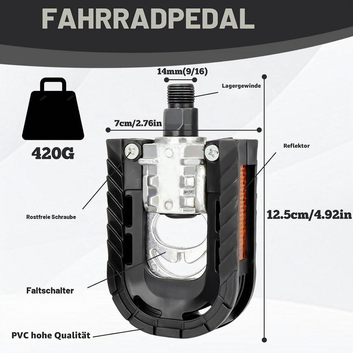 FAHRRADPEDALE Klappbar mit Reflektoren Aluminiumlegierung - Schwarz, Kunststoff (7/3/12.5cm)