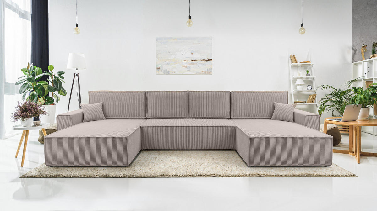 WOHNLANDSCHAFT Cedria Beige 389/145/85 cm mit Schlaffunktion - Beige/Schwarz, Kunststoff/Textil (389/85/145cm) - AX Living