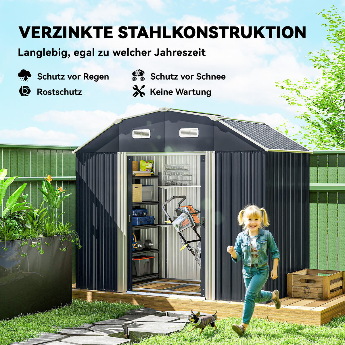 GERÄTEHAUS aus Stahl, 2,7 m² Geräteschuppen mit UV-Schutz, Dunkelgrau - Dunkelgrau, Metall (132/198.5/238cm) - Outsunny