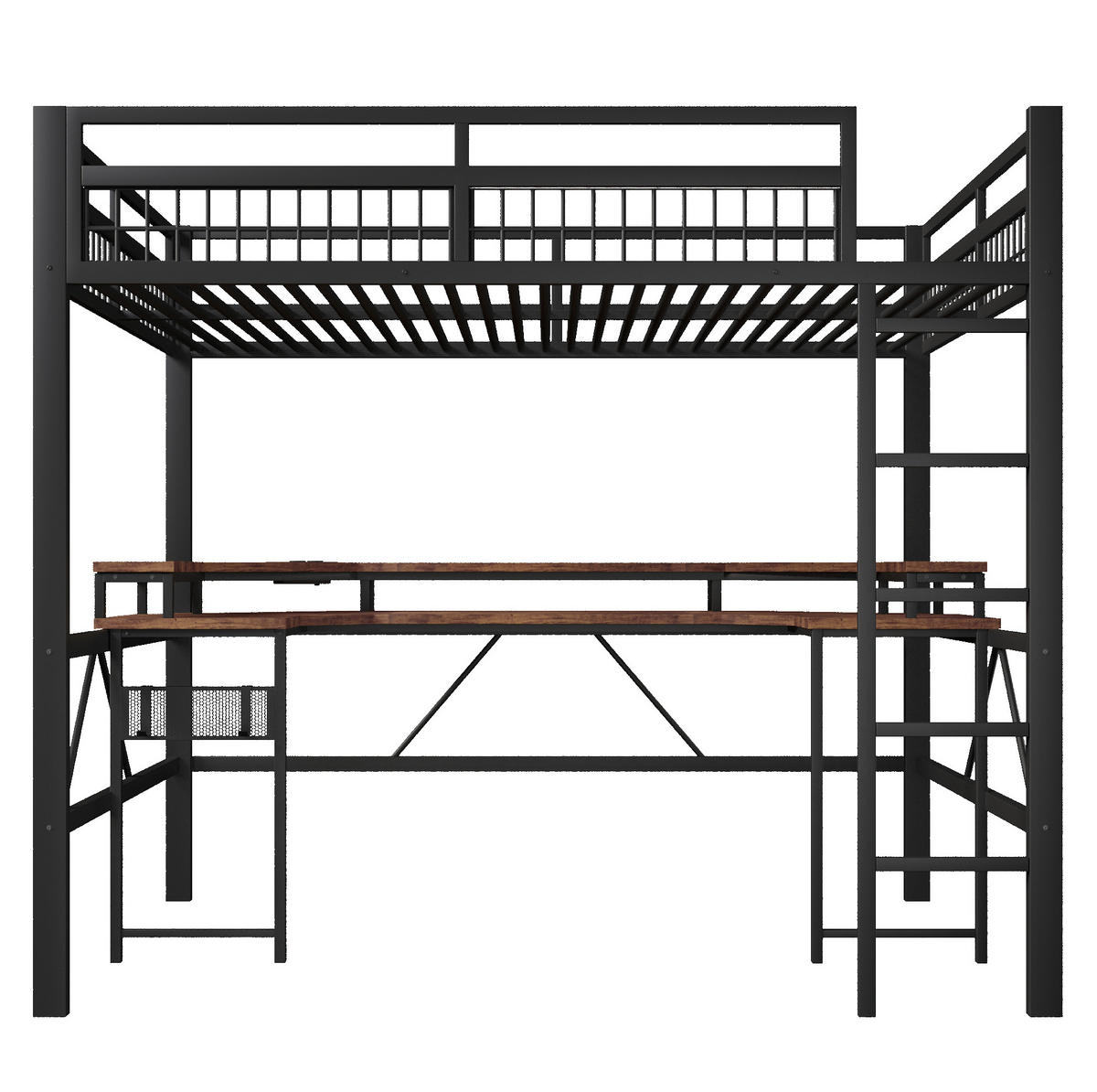 HOCHBETT aus Metall und MDF 140x200 cm Schwarz mit Schreibtisch, LED-Beleuchtung und Ladeanschlüssen - Schwarz, Metall (140/200cm) - IVMEU