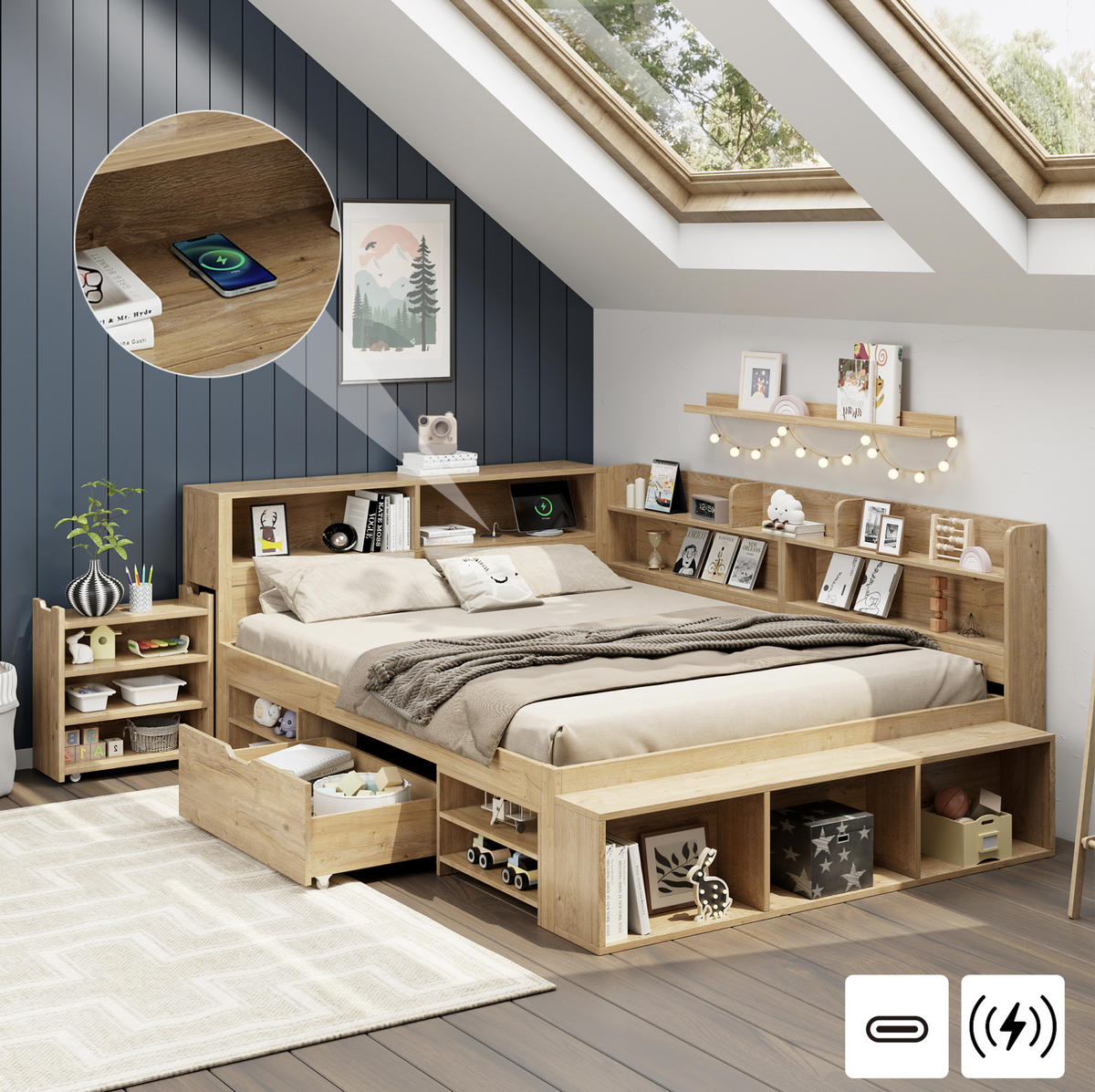 KINDERBETT 140/200 cm aus Sperrholz mit Stauraum und Lattenrost in Natur - Naturfarben, Holzwerkstoff (140/200cm) - BEAOK