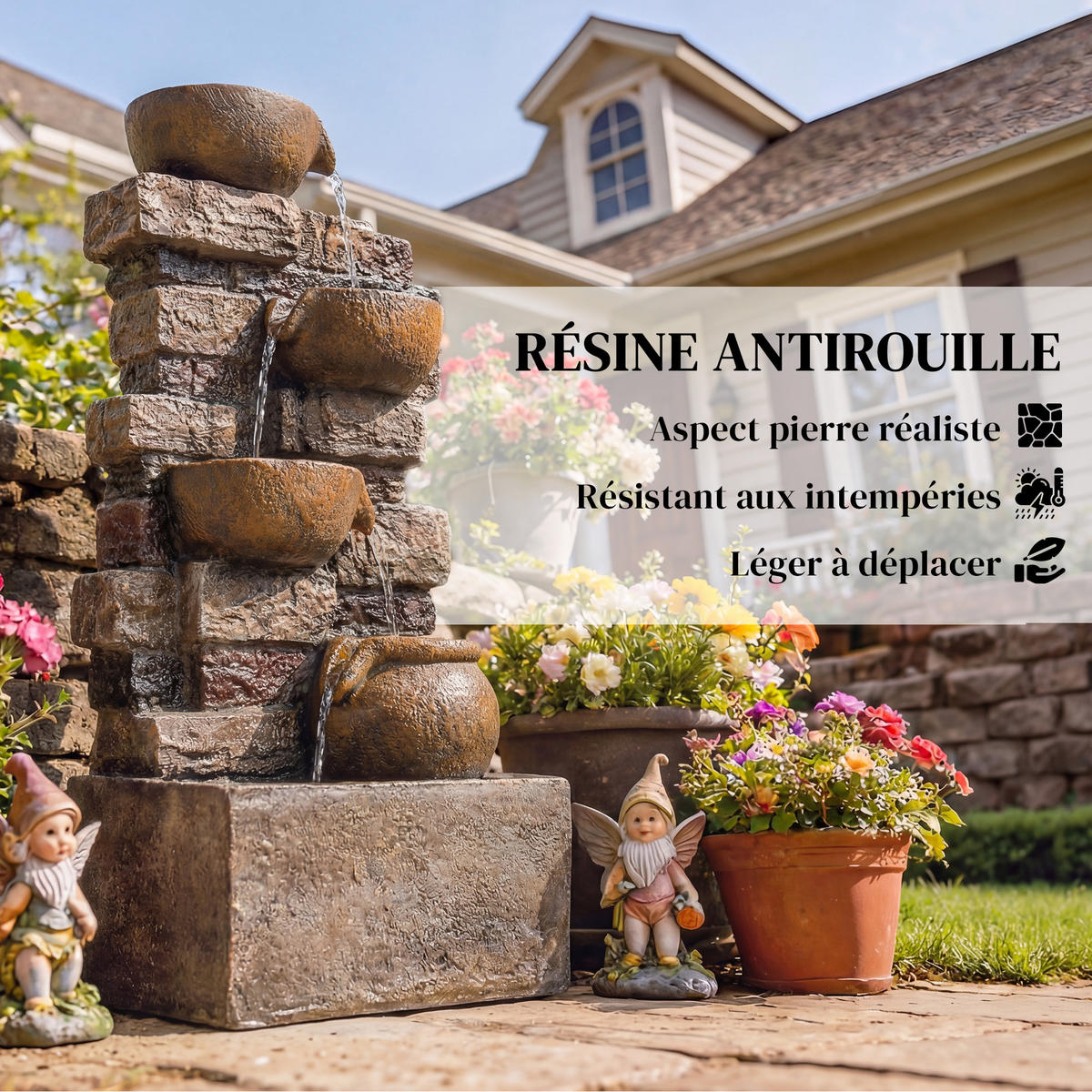 GARTENBRUNNEN DE-18871 5-stufige Kaskade mit Krügen & LED Rustikales Braun - Multicolor, Kunststoff (31/25.5/72cm) - ComfortXL