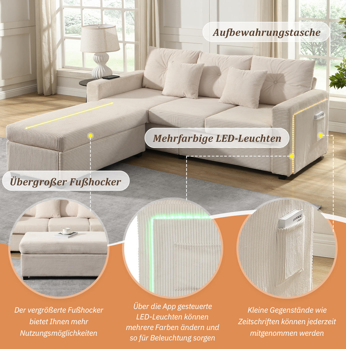 ECKSOFA 184/182,5/85,5 cm beige aus Cordstoff mit LED-Beleuchtung und flexiblem Hocker - Beige, Kunststoff (84.5/184cm) - OKWISH