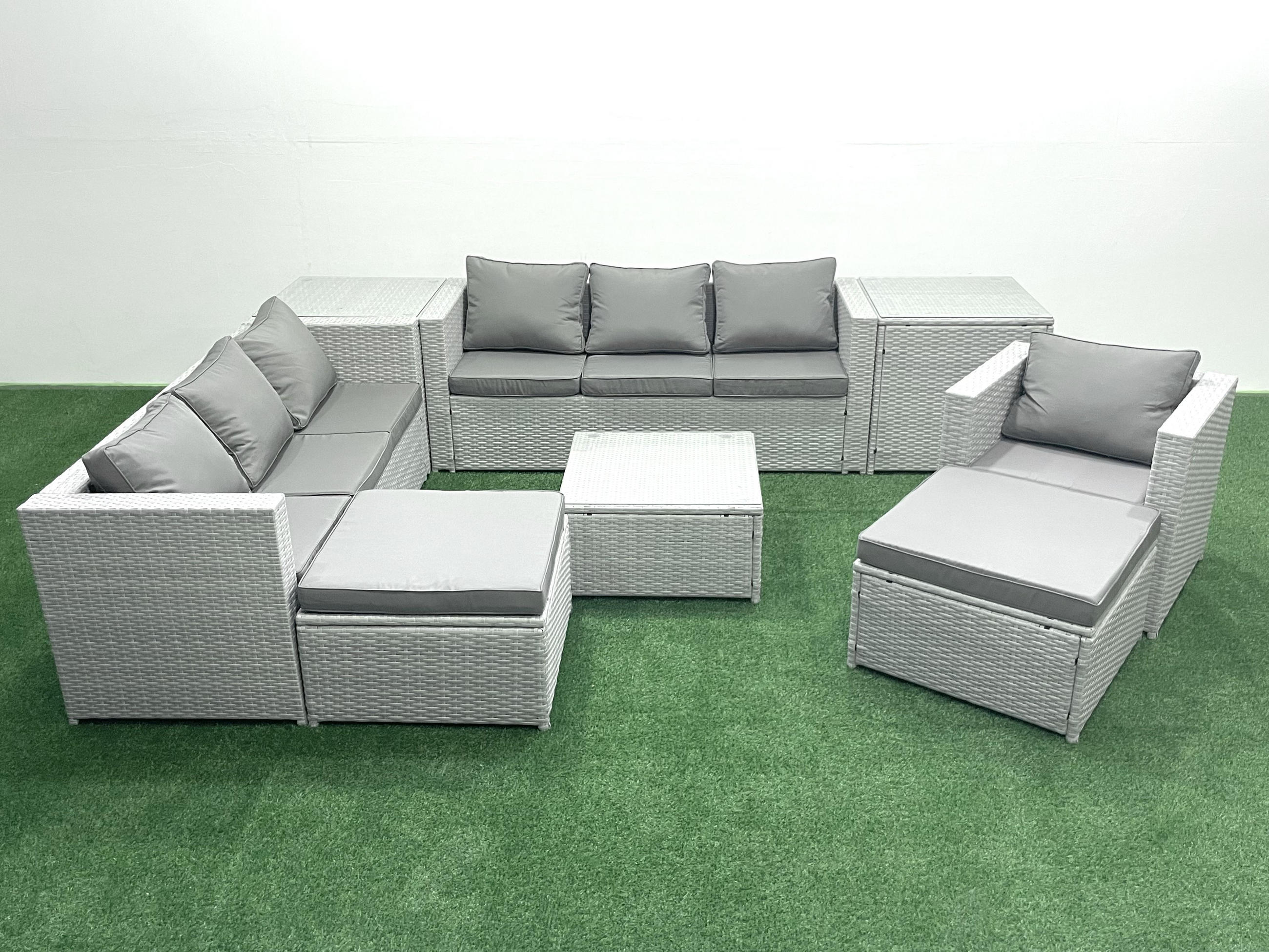 GARTENMÖBEL-SET mit Kissen Polyrattan Hellgrau-Mix 9-Sitzer - Hellgrau/Grau, Glas/Kunststoff - Fimous