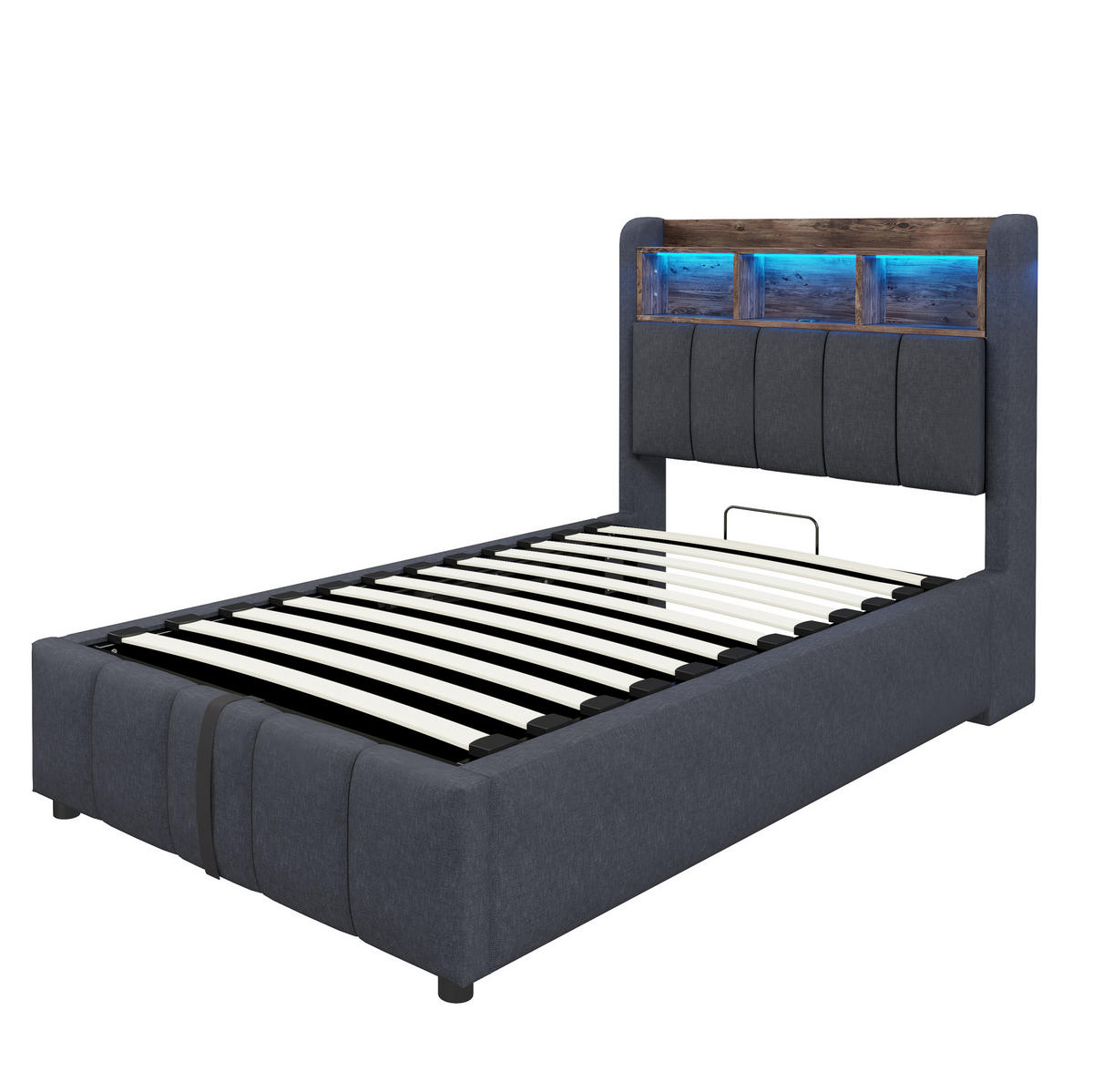 POLSTERBETT 90/200 cm mit LED-Beleuchtung, USB-C, Stauraum und hydraulischem Bettkasten, Leinenstoff, Grau - Grau, Textil (90/200cm) - Redom