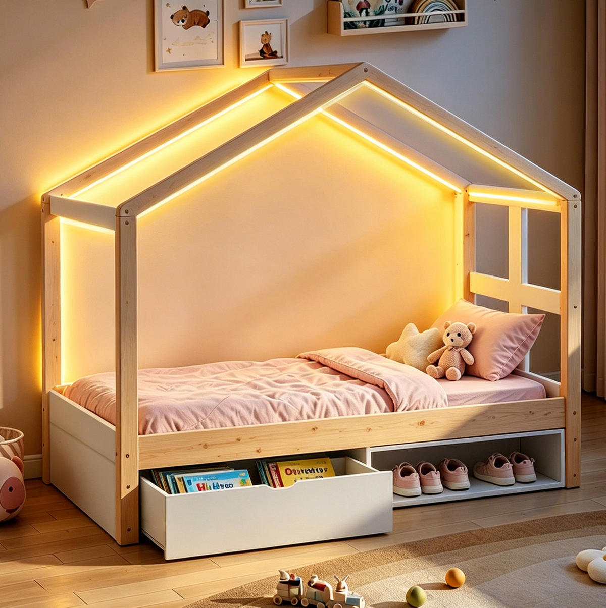 KREVET 90/190 cm od borovine i MDF-a s ladicom, ormarićem za cipele i LED rasvjetom, Prirodna boja drva - boje hrasta, drvni materijal (90/190cm) - Redom