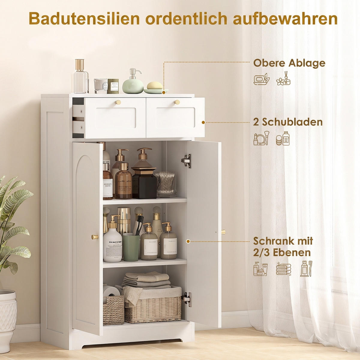 BADEZIMMERSCHRANK Spanplatte MDF Weiß - Goldfarben/Weiß, Holzwerkstoff/Metall (30/108/60cm) - HOMCOM